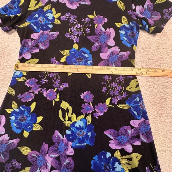 Vintage White Stag Floral Print Dress Stretch Short Sleeve Purple Blue Women's M - Picture 5 of 6